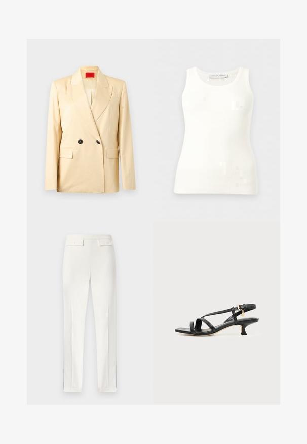 Blazer beige croisé à larges revers, deux boutons noirs, poches à rabat et étiquette intérieure rouge sur fond clair.; Débardeur blanc côtelé sans manches avec encolure ronde, coupe ajustée, et étiquette de la marque à l'intérieur du col arrière.; Pantalon blanc pour femmes, cintré, avec pince avant et deux poches à rabat boutonnées sur la ceinture, présenté à plat.; Sandale noire en cuir à brides fines, talon bas kitten, boucle à la cheville et petit pendentif doré sur fond clair uni.