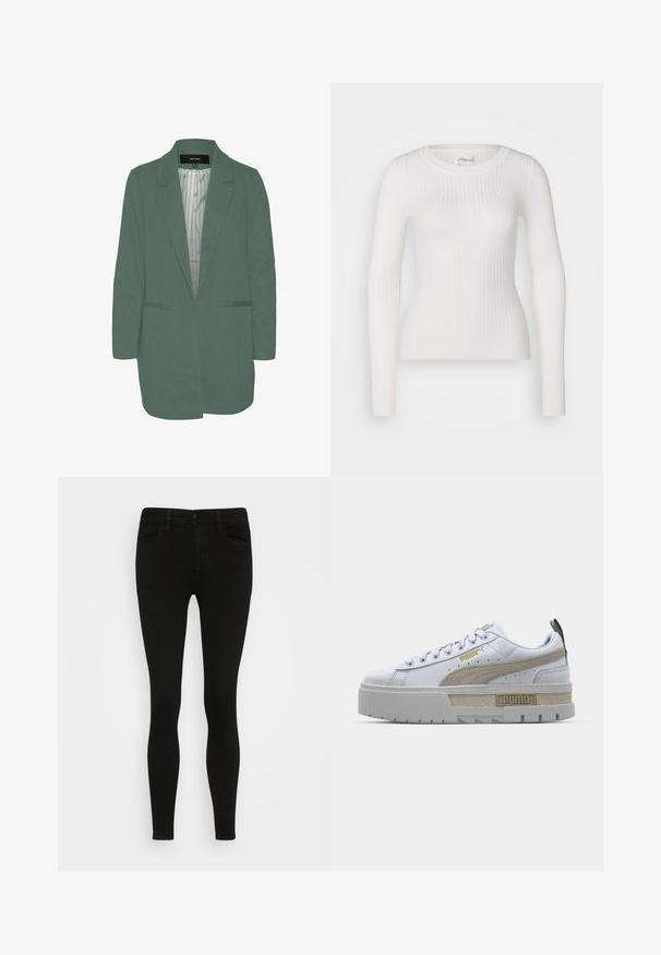 Grøn blazer med en skræddersyet pasform, enkelt spil, to forlommer og en stribet foring. Fremstillet af blødt, letvægtsstof.; Hvid langærmet ribbet top med en rund halsudskæring. Stoffet er glat og har en subtil tekstur samt en tætsiddende design. Ingen synlige detaljer eller mønstre.; Svarte skinny jeans med en glat denimtekstur, fem lommer, knaplukning foran og bæltesløjfer. Tæt siddende design hele vejen igennem.; Hvide sneakers med fremtrædende beige stribe, tyk grå sål og guld detaljer. Har runde snørebånd og en struktureret tunge med branding.