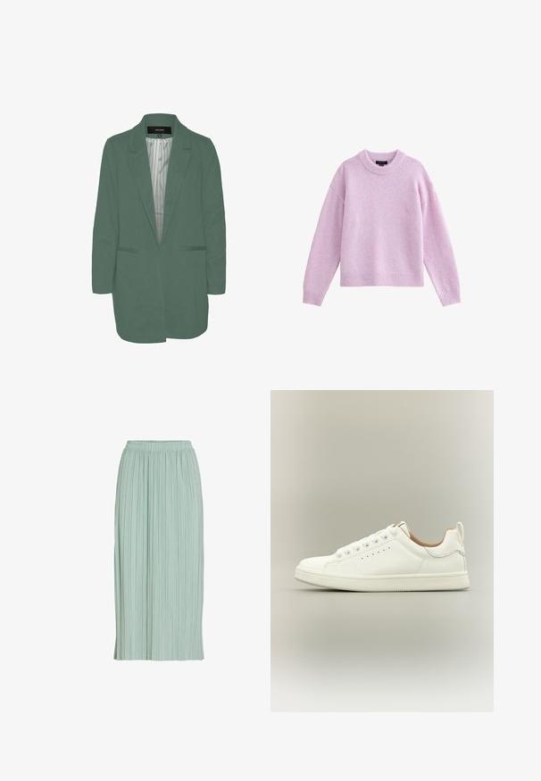 Grøn blazer med en skræddersyet pasform, enkelt spil, to forlommer og en stribet foring. Fremstillet af blødt, letvægtsstof.; Lyse lilla sweater med rund halsudskæring, lange ærmer og ribbede kanter. Blød tekstur, afslappet pasform og minimalistisk design.; Lysegrøn plisseret midinederdel med elastisk talje, lige pasform og let stof.; Hvid lav sneaker med snørebånd, perforerede sidedetaljer og en trækflap på hælen, sat mod en neutral baggrund.