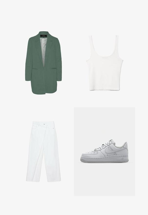 Grøn blazer med en skræddersyet pasform, enkelt spil, to forlommer og en stribet foring. Fremstillet af blødt, letvægtsstof.; Hvid bomulds tanktop med en rundet halsudskæring, uden ærmer og en tætsiddende pasform. Glat tekstur, ensartet design og minimale syninger.; Hvide bukser med vide ben med overlappende frontpanel, bæltestropper, frontlommer og knaplukning.; Hvid lædersneaker med lavt design, rund tå, perforerede detaljer og en tekstureret gummisål. Har grå accenter på tungen.