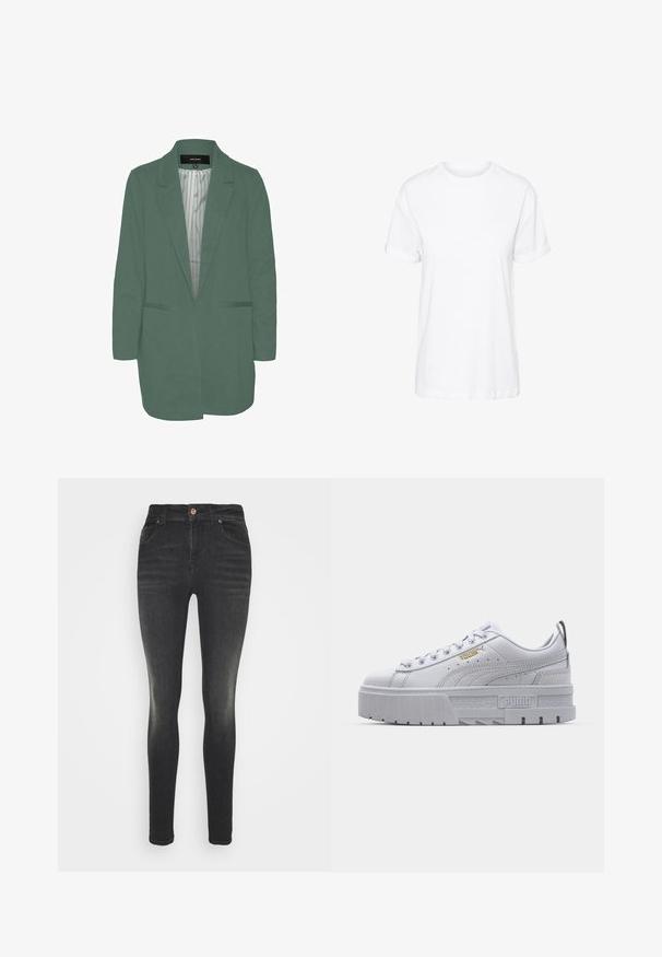 Grøn blazer med en skræddersyet pasform, enkelt spil, to forlommer og en stribet foring. Fremstillet af blødt, letvægtsstof.; Hvid bomulds t-shirt med korte ærmer, rund hals og en afslappet pasform, med en glat tekstur og uden synlige mønstre.; Sorte skinny jeans med en glat denimtekstur, høj talje, fem-lomme design og subtil fading-effekt. Messingknaplukning.; Hvide platform sneakers med en glat læderoverdel, polstret krave, grå gummisål og gyldne detaljer med Puma-logoet.