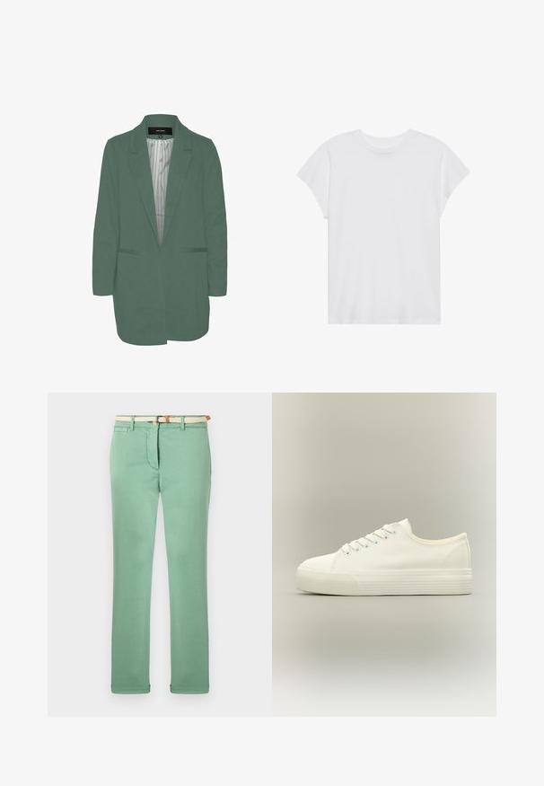 Grøn blazer med en skræddersyet pasform, enkelt spil, to forlommer og en stribet foring. Fremstillet af blødt, letvægtsstof.; Hvid kortærmet t-shirt med rund hals, afslappet pasform, lavet af blødt bomuldsstof. Glat tekstur, ingen mønstre eller logoer.; Lys grønne bukser lavet af bomuld, med en lige ben-design, vævet beige bælte og forlommer. Glat tekstur med minimal syning.; Hvid lavtop lærreds-sneaker med snørelukning foran og tyk, tekstureret gummisål på en neutral baggrund.