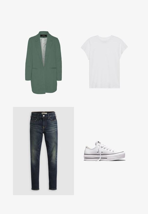 Grøn blazer med en skræddersyet pasform, enkelt spil, to forlommer og en stribet foring. Fremstillet af blødt, letvægtsstof.; Hvid kortærmet t-shirt med rund hals, afslappet pasform, lavet af blødt bomuldsstof. Glat tekstur, ingen mønstre eller logoer.; Mørkeblå, slanke jeans med falming på lår og knæ, fem-lomme design, knaplukning og bæltestropper.; Lavtop hvid lærredsneaker med hvide snørebånd, gummisål, sorte stribedetaljer og logo-patch på tungen og hælen.