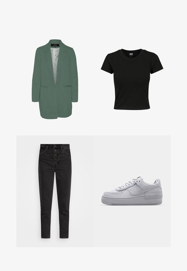 Grøn blazer med en skræddersyet pasform, enkelt spil, to forlommer og en stribet foring. Fremstillet af blødt, letvægtsstof.; Sort kortærmet t-shirt lavet af glat bomuldsstof, med rund halsudskæring og en tætsiddende pasform. Ingen synlige mønstre eller accenter.; Højtaljede sorte denimjeans med knaplukning, fem lommer og slim fit. Glat tekstur med minimal falmet og uden udsmykninger.; Grå Nike Air Force 1 sneakers med perforeret tå, glat læderoverdel, tyk sål og præget 'AIR' detalje på hælen.