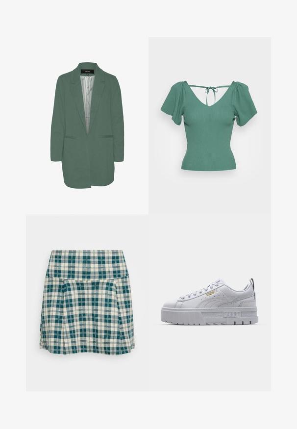 Grøn blazer med en skræddersyet pasform, enkelt spil, to forlommer og en stribet foring. Fremstillet af blødt, letvægtsstof.; ONLY ONLLEELO BACK - T-shirts print - bottle green; Skotsk nederdel i creme og teal, med plisseringer, en tætsiddende talje og et let stof. Distinktiv ternet mønster hele vejen igennem.; Hvide platform sneakers med en glat læderoverdel, polstret krave, grå gummisål og gyldne detaljer med Puma-logoet.