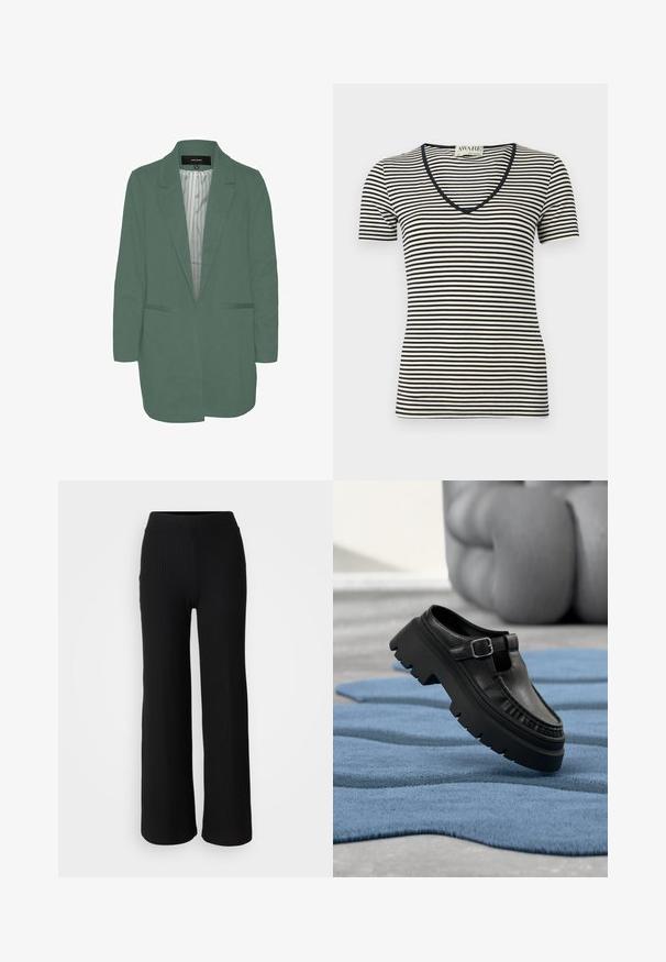 Grøn blazer med en skræddersyet pasform, enkelt spil, to forlommer og en stribet foring. Fremstillet af blødt, letvægtsstof.; Sort og creme stribet T-shirt med korte ærmer og V-hals, lavet af blødt materiale. Har tynde vandrette striber og en tætsiddende pasform.; Sorte ribbede strikbukser med vidde i benene og elastisk talje, der har en glat tekstur og en minimalistisk stil.; Sort læderloafer med chunky profil sål og sølvspænde, placeret i en vinkel på et struktureret blåt tæppe.