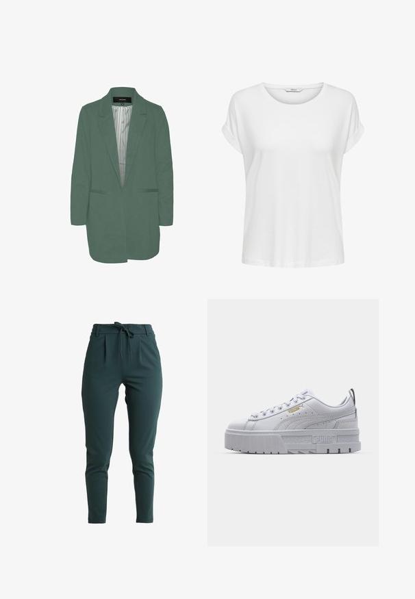 Grøn blazer med en skræddersyet pasform, enkelt spil, to forlommer og en stribet foring. Fremstillet af blødt, letvægtsstof.; Hvid kortærmet t-shirt lavet af blød bomuld. Har en rund halsudskæring og rullede ærmer. Enkel design uden mønstre eller accenter.; Mørkegrønne, strækbare tapered bukser med snor i taljen, subtile plisseringer og glat tekstur. Ingen synlige mønstre eller hardware-detaljer.; Hvide platform sneakers med en glat læderoverdel, polstret krave, grå gummisål og gyldne detaljer med Puma-logoet.