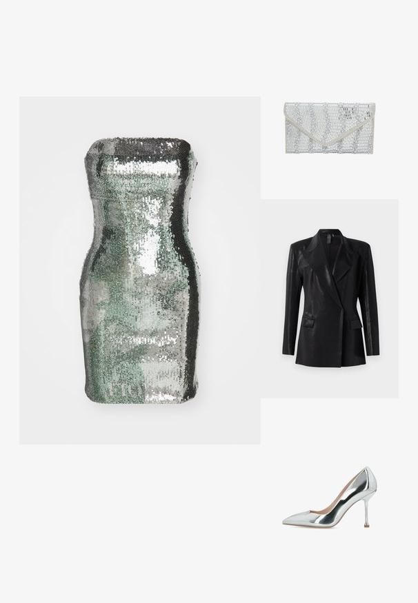 Sort blazer med en blank finish, der har en notch lapel, to frontlommer og en tætsiddende silhuet. Lange ærmer fuldender designet.; Sølv- og grønfarvet cylindrisk taske dækket af pailletter, med en glat tekstur og reflekterende overflade, og som har en buet silhuet.; Sølvmetallic pumps med spids tå og høje hæle, en slank stilet-hæl og en glat, skinnende finish.; faina Clutches - silver coloured