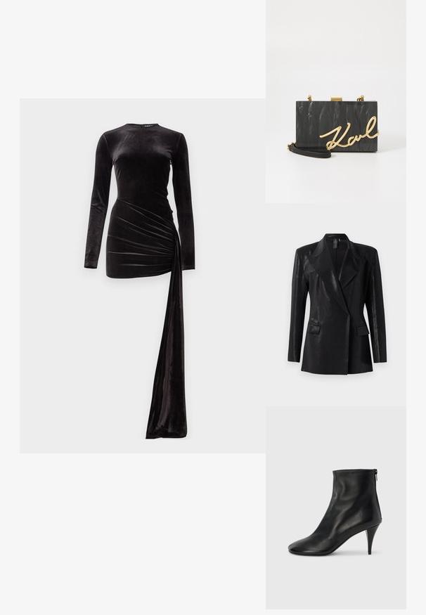Zwarte blazer met een glanzende afwerking, voorzien van een geknipt revers, twee voorzakken en een getailleerd silhouet. Lange mouwen ronden het ontwerp af.; Zwarte fluwelen jurk met lange mouwen, een getailleerde lijfje en een gedrapeerde asymmetrische zoom. Vlotte textuur en een elegante silhouet zijn opvallende kenmerken.; Zwarte leren enkellaarsjes met een gladde textuur, spitse neus en een slanke stilettohak. Voorzien van een ritssluiting aan de zijkant voor gemakkelijk aan- en uittrekken.; KARL LAGERFELD SOIREE - Clutch - black