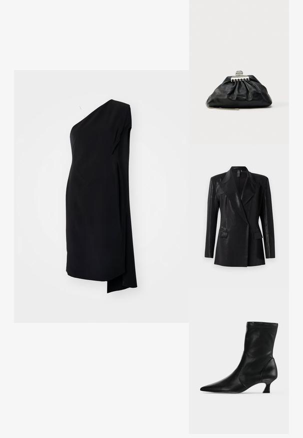 Sort blazer med en blank finish, der har en notch lapel, to frontlommer og en tætsiddende silhuet. Lange ærmer fuldender designet.; Sort asymmetrisk kjole med én skulder, lavet af glat stof, med en draperet design og en sideslids for ekstra detaljer.; Sort læderstøvle til midt på læggen med spids tå og lav kittenhæl, vist fra siden på en ensartet lys baggrund.; Sort læderclutch med samlet design, sølv hardware-lås og kæderem. Diskret logo præget foran.
