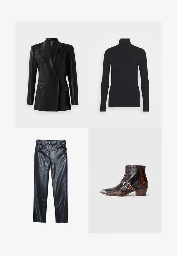 Schwarzer Blazer mit glänzender Oberfläche, ausgestattet mit einem Reverskragen, zwei Fronttaschen und einer figurbetonten Silhouette. Lange Ärmel vervollständigen das Design.; Schwarzer gerippter Rollkragenpullover, der lange Ärmel und eine figurbetonte Silhouette bietet. Die Textur ist glatt mit einem horizontalen Rippenmuster.; Schwarze Kunstlederhose mit Krokodilstruktur, ausgestattet mit einem vorderen Knopfverschluss und vier Taschen. Gerade Beinform.; Schwarz-braune Schlangenleder-Print Knöchelstiefel mit silberner Zehenspitze, Schnallenakzent und niedrigem Holzabsatz. Glatte Textur, enganliegendes Design.