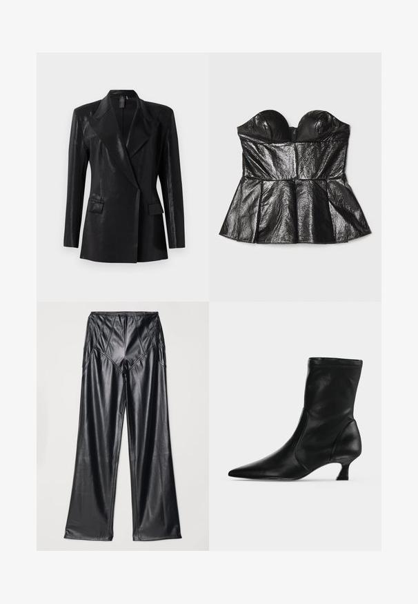 Sort blazer med en blank finish, der har en notch lapel, to frontlommer og en tætsiddende silhuet. Lange ærmer fuldender designet.; Sara Battaglia SWEETHEART - Top - black; Sorte kunstlæderbukser med en glat tekstur, brede ben og syninger langs taljen og siderne. Præsenteret i flad visning.; Sort læderstøvle til midt på læggen med spids tå og lav kittenhæl, vist fra siden på en ensartet lys baggrund.