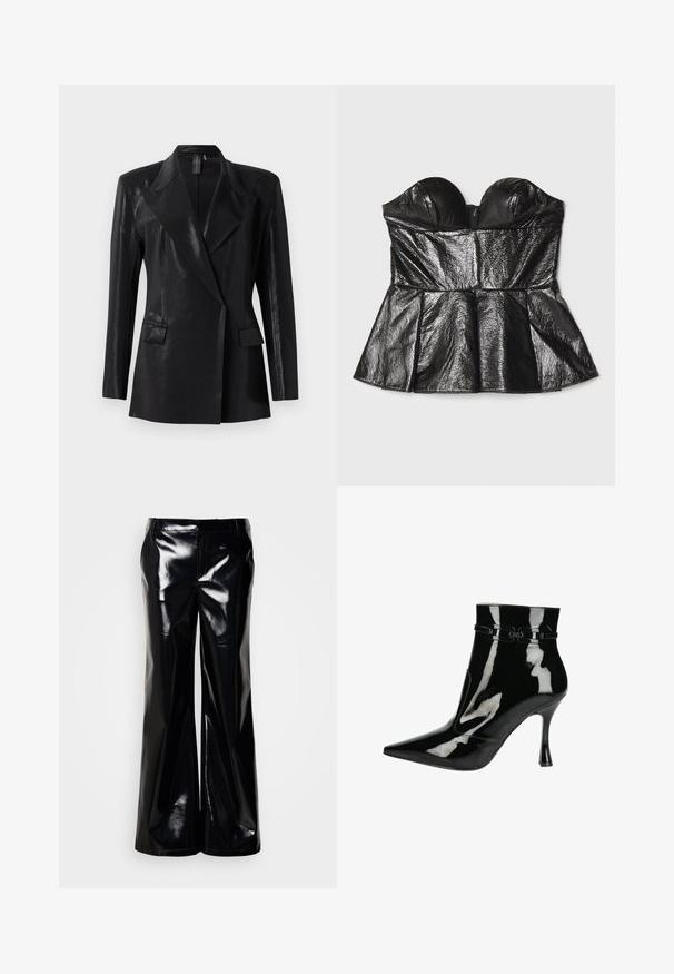 Sort blazer med en blank finish, der har en notch lapel, to frontlommer og en tætsiddende silhuet. Lange ærmer fuldender designet.; Sara Battaglia SWEETHEART - Top - black; Sorte bukser med vide ben lavet af blankt, glinsende materiale; har en glat tekstur og en skræddersyet talje uden synlige lukninger eller pynt.; Sorte patentlæder ankelstøvler med spids tå, blank finish, strømlinet design og en smal stilettohæl. Dekorative stropper som detalje.