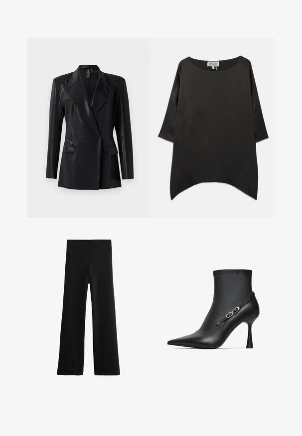Schwarzer Blazer mit glänzender Oberfläche, ausgestattet mit einem Reverskragen, zwei Fronttaschen und einer figurbetonten Silhouette. Lange Ärmel vervollständigen das Design.; Locker sitzende schwarze Satinbluse mit weitem rundem Ausschnitt und dreiviertellangen Ärmeln vor einfarbigem Hintergrund.; Schwarze, weit geschnittene Hose mit hoher Taille, glattem Stoff, ohne sichtbare Taschen oder Verzierungen, flach auf weißem Hintergrund dargestellt.; Schwarze spitze Ankle Boots aus glattem Leder, mit passendem Schaft und schmalem Stiletto-Absatz sowie einem dekorativen Riemen-Detail.
