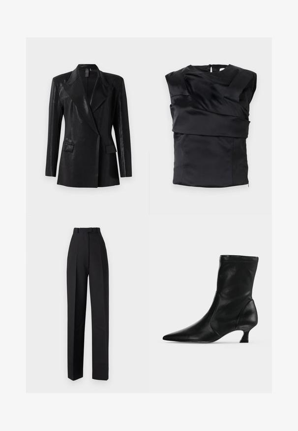 Zwarte blazer met een glanzende afwerking, voorzien van een geknipt revers, twee voorzakken en een getailleerd silhouet. Lange mouwen ronden het ontwerp af.; Zwarte satijnen top met een gestructureerd ontwerp, brede schouders en een asymmetrisch voorpaneel, afgesloten met een rits aan de achterkant.; Zwarte high-waisted broeken met plooien, met een getailleerd ontwerp en rechte pijpen. Gemaakt van een soepele stof, minimale details.; Zwarte leren midkuitlaars met spitse neus en lage kittenhak, zijaanzicht op een effen lichte achtergrond.