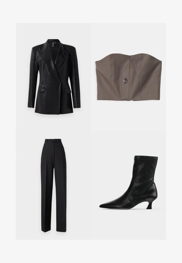 Zwarte blazer met een glanzende afwerking, voorzien van een geknipt revers, twee voorzakken en een getailleerd silhouet. Lange mouwen ronden het ontwerp af.; Bruine cropped strapless top met een gestructureerd ontwerp, sluiting met knopen aan de voorkant en een gladde textuur met subtiele naaddetails.; Zwarte high-waisted broeken met plooien, met een getailleerd ontwerp en rechte pijpen. Gemaakt van een soepele stof, minimale details.; Zwarte leren midkuitlaars met spitse neus en lage kittenhak, zijaanzicht op een effen lichte achtergrond.