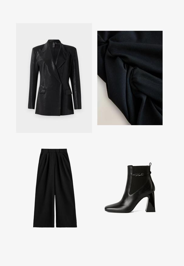 Sort blazer med en blank finish, der har en notch lapel, to frontlommer og en tætsiddende silhuet. Lange ærmer fuldender designet.; Sort stof med synlig tekstur og folder, der skaber bløde skygger og højlys på en lysfarvet overflade.; Sorte bukser med vide ben og høj talje, udstyret med bæltestropper, frontplisseringer og en ren, glat stoffinish.; KARL LAGERFELD ASTRA NOVA GORE - Højhælede støvletter - black lthr