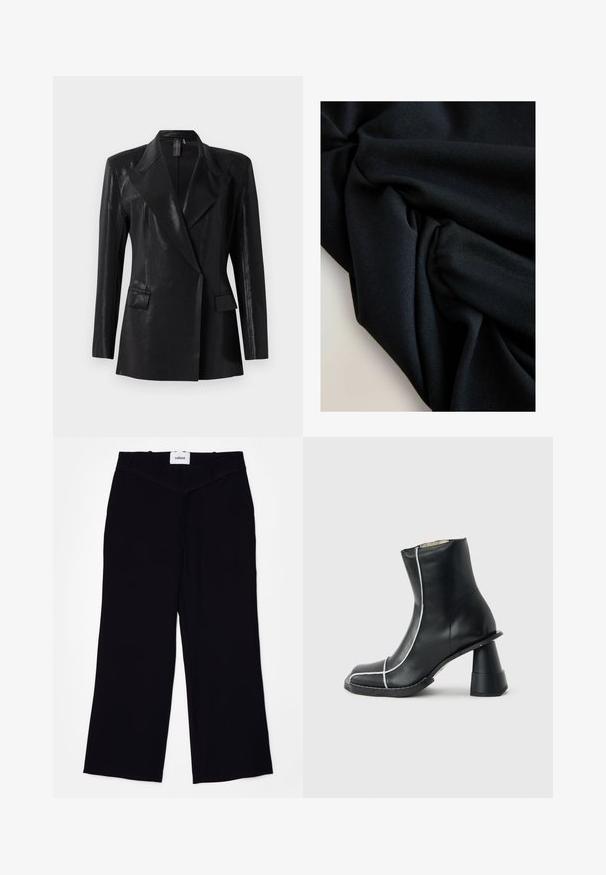 Sort blazer med en blank finish, der har en notch lapel, to frontlommer og en tætsiddende silhuet. Lange ærmer fuldender designet.; Sort stof med synlig tekstur og folder, der skaber bløde skygger og højlys på en lysfarvet overflade.; Sorte brede bukser lavet af et glat stof. Har en flad talje med bælteløkker og en ren finish ved kanterne.; Sort læderankelstøvle med hvide syninger, firkantet snude og unik bredt udflaret hæl, vist i sidelayout på grå baggrund.