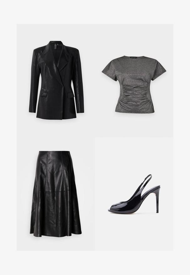 Schwarzer Blazer mit glänzender Oberfläche, ausgestattet mit einem Reverskragen, zwei Fronttaschen und einer figurbetonten Silhouette. Lange Ärmel vervollständigen das Design.; Kurzärmliges, dunkelgraues Oberteil mit metallic Glitzer, rundem Halsausschnitt und gerafftem Rüschendetail in der Taille.; Schwarzer Lederrock mit ausgestellter Silhouette, sichtbaren Nähten und glatter Textur. Mittellanges Design mit klassischem Schnitt.; Schwarzer Slingback High Heel Schuh aus Lackleder mit Peeptoe und Stiletto-Absatz vor weißem Hintergrund.
