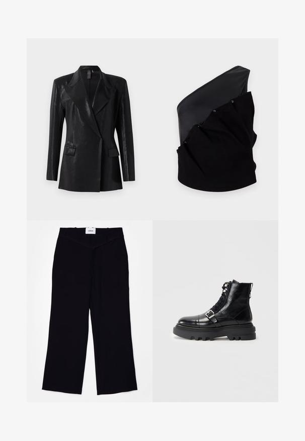 Blazer negro con acabado brillante, que presenta un cuello de muesca, dos bolsillos frontales y una silueta ajustada. Las mangas largas completan el diseño.; Top asimétrico negro que presenta un panel de cuero liso y un tejido de punto texturizado con detalles fruncidos y botones a presión.; Pantalones de pierna ancha negros, confeccionados con una tela suave. Presentan una cinturilla plana con pasadores para cinturón y un acabado limpio en los dobladillos.; Botín de cuero negro hasta el tobillo con acabado texturizado, que presenta un diseño de cordones, acentos de metal y una suela de goma gruesa con un dibujo pronunciado.