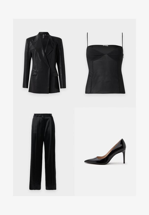 Blazer negro con acabado brillante, que presenta un cuello de muesca, dos bolsillos frontales y una silueta ajustada. Las mangas largas completan el diseño.; Top negro sin mangas ajustado con tirantes delgados, escote corazón y detalles de costuras sobre un fondo blanco liso.; Pantalones de satén negros de tiro alto con piernas anchas rectas, presillas para cinturón y cierre frontal plano sobre un fondo blanco liso.; Zapato de charol negro de tacón alto con punta afilada y tacón de aguja, mostrado de perfil sobre un fondo blanco liso.