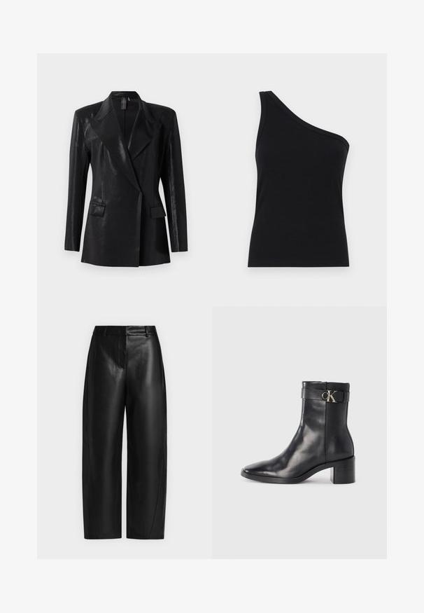 Schwarzer Blazer mit glänzender Oberfläche, ausgestattet mit einem Reverskragen, zwei Fronttaschen und einer figurbetonten Silhouette. Lange Ärmel vervollständigen das Design.; Schwarzes, geripptes Tanktop mit einem Schulterdesign, tailliert und aus einem weichen Material gefertigt. Es hat einen klaren, minimalistischen Schnitt und einen glatten Halsausschnitt.; Schwarze hoch taillierte Kunstlederhose mit weitem Bein, Gürtelschlaufen und verdecktem Frontverschluss auf einfarbig hellem Hintergrund.; Schwarze Leder-Ankle Boots mit spitzem Zehenbereich, Blockabsatz und einem Riemen mit einem metallischen Logodetail. Glatte Textur und minimales Design.