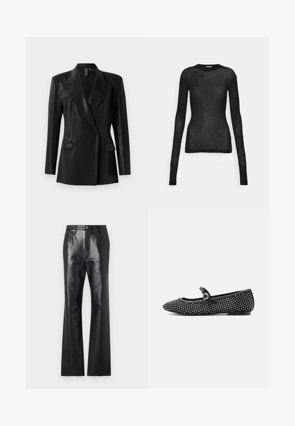 Schwarzer Blazer mit glänzender Oberfläche, ausgestattet mit einem Reverskragen, zwei Fronttaschen und einer figurbetonten Silhouette. Lange Ärmel vervollständigen das Design.; Schwarzes Langarmoberteil aus durchsichtigem, leichtem Material. Verfügt über einen Rundhalsausschnitt und eine taillierte Silhouette mit dezenten Rippdetails.; Schwarze Lederhose mit glatter Textur, ausgestelltem Bein design, Frontreißverschluss und Gürtelschlaufen. Mit dezenten Steppnähten.; Schwarzer Mary-Jane-Flachschuh mit silbernen Nieten, rundem Schnallenriemen und spitz zulaufender Schuhspitze auf weißem Hintergrund.