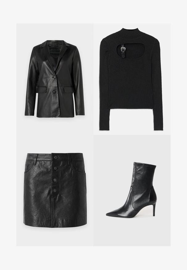 Blazer en cuir noir avec une coupe ajustée, revers crantés, fermeture à un bouton, deux poches avant et une texture lisse et brillante.; Top court noir à côtes avec des manches longues, col montant et détail découpé sous l'encolure. Comprend une sangle et une fermeture avec accessoires.; Jupe en cuir noir avec une taille haute, fermeture à bouton sur le devant, deux poches latérales et une forme légèrement évasée. Fini texturé.; Bottes noires à la cheville en cuir lisse, dotées d'un bout pointu, d'un tige ajustée et d'un talon haut fin. Design minimaliste sans quincaillerie visible.