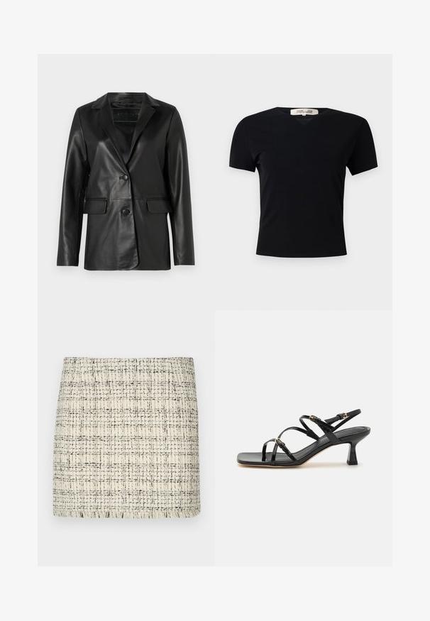 Blazer en cuir noir avec une coupe ajustée, revers crantés, fermeture à un bouton, deux poches avant et une texture lisse et brillante.; T-shirt noir à manches courtes avec un col en V, fabriqué dans un tissu lisse et extensible. Présente une silhouette simple et classique sans embellissements.; Jupe mini en tweed crème et noir, présentant un motif texturé avec une coupe droite et un ourlet frangé pour plus de détail.; Sandales à strapes en cuir verni noir avec un bout carré et un petit talon carré. Présente des accessoires en métal doré et des brides de cheville réglables.