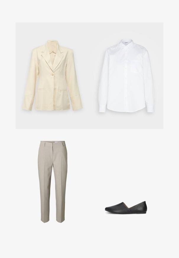 Faithfull the brand SOLEIL - Bleiseri - sand; GAP CLASSIC SHIRT - Paitapusero - optic white; Beiget räätälöidyt housut vyölenkeillä, etuvetoketjulla ja prässätyillä taitteilla lahkeissa, valkoista taustaa vasten esitettynä.; Mustat nahkakengät, joissa on teräväkärkinen muotoilu ja V-muotoinen aukko sivuilla. Sopivan sileä pinta ja minimalistinen muotoilu, litteä pohja.