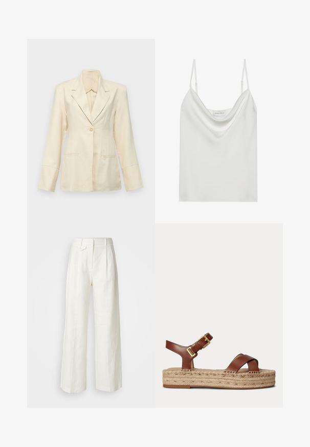 Faithfull the brand SOLEIL - Blazer - sand; Camisón de satén blanco con escote drapeado, finas tiras ajustables y dobladillo recto. La etiqueta "ANNA FIELD" es visible en el interior.; Pantalones de lino blanco de pierna ancha con pliegues frontales, cierre de un solo botón y bolsillos laterales, que presentan una textura suave y un diseño estructurado.; Sandalia marrón de cuero con correa ajustable con hebilla dorada y plataforma trenzada de yute sobre un fondo liso y claro.