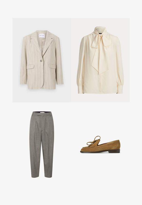 Blazer rayé beige avec une fermeture à un seul bouton, des revers crantés et deux poches avant. Fabriqué à partir d'un tissu léger avec une texture lisse.; Blouse crème à manches longues avec un col montant et un grand nœud noué au cou, avec des épaules froncées et des manches à poignets.; Pantalons gris plissés en motif chevron, avec une taille plate et une jambe fuselée, fabriqués en tissu lisse.; Mocassin en suede marron avec un détail de nœud sur le dessus, semelle plate foncée et petit talon, présenté en profil latéral sur fond blanc.