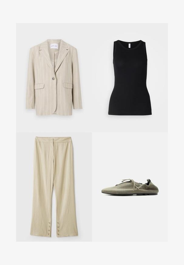 Beige stribet blazer med en enkelt knaplukning, skrå lapeller og to forlommer. Fremstillet af letvægtsstof med en glat tekstur.; Sort ærmeløs tanktop lavet af ribbet stof, med rund halsudskæring og tætsiddende design, med en glat overflade og uden mønstre.; Beige bukser med vidde i benene lavet af tekstureret stof, med en glat taljebånd og knappedetaljer ved kanten.; Lys olivengrøn blød stofsko med tynd sål og snørre, vist i siddeprofil på ensfarvet hvid baggrund.