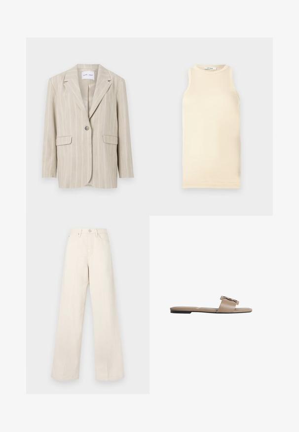 Beige stribet blazer med en enkelt knaplukning, skrå lapeller og to forlommer. Fremstillet af letvægtsstof med en glat tekstur.; Lys beige ærmeløs top lavet af ribbet stof, med en rund halsudskæring og tætsiddende design. Glat tekstur med minimale sømme.; Beige vide benbukser med høj talje, lavet af et blødt, tekstureret stof. Har en knapåbning og forlommer for funktionalitet.; Beige flad slip-in sandal med bred rem med dekorativt udskåret mønster og tynd sort sål.