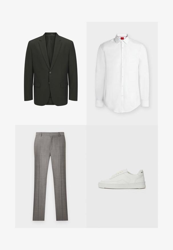 Veste de costume pour homme vert olive foncé à deux boutons, avec revers en encoche, poches à rabat et poche poitrine passepoilée, vue de face.; Chemise blanche à manches longues avec boutons, col pointu et étiquette rouge de la marque Hugo à l'intérieur du col.; Pantalon de costume gris clair avec passants pour ceinture et plis marqués à l'avant, présenté à plat sur un fond blanc.; Baskets en cuir blanc avec une finition lisse, bout arrondi, lacets plats et semelle texturée. Présente un logo discret sur le talon.