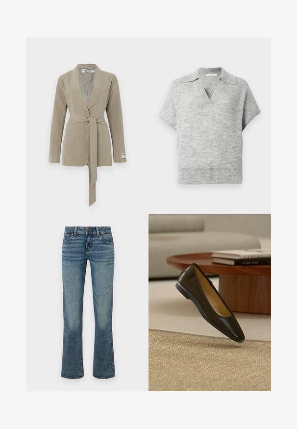Beige pinstripe bleiser, millel šaalikaelus, üks tasku ja vöö talje ümber. Pehme kangas sileda tekstuuriga.; Helehallid kootud lühikeste varrukatega sviiter vest, millel on volditud krae ja V-kaelus, ribaga äär ja pehme tekstuur.; Sinised teksapüksid keskmise vöökohaga, nööp-kinnitusega, esitaskudega ja kergelt lehvivate säärtega, millel on tuhmuvad detailid.; Mustast nahast lamedad kingad ümarate kandiliste varvastega beežis kootud vaibal, taustal puidust kohvilaud ja virnastatud raamatud.