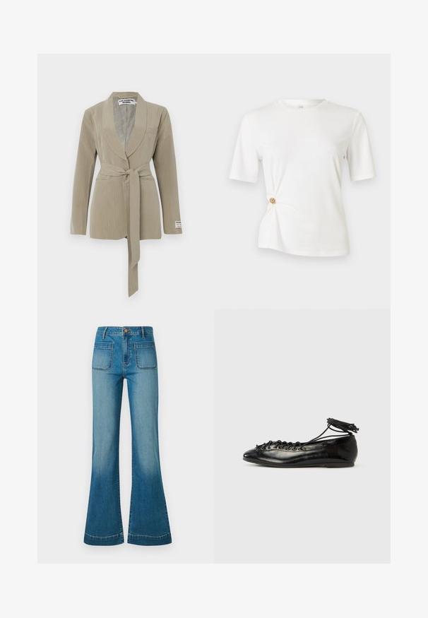 Beige pinstripe blazer med sjalkrave, en enkelt lomme og et bundet bælte i taljen. Blødt stof med en glat tekstur.; Hvid T-shirt lavet af blødt stof, med korte ærmer og et snoet design ved taljen med en guldfarvet rund detalje.; Blå højtaljede denimjeans med forreste patchlommer og svajede ben, med knap- og lynlåslukning.; Sorte balletflade sko i laklæder med rundet tå, snørelukning og flad sål. Glat tekstur med få detaljer.
