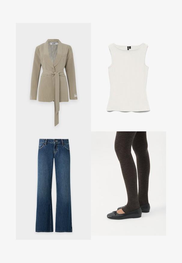 Blazer beige con rayas, con cuello chal, un bolsillo y un cinturón atado a la cintura. Tejido suave con una textura lisa.; Top blanco sin mangas de punto acanalado con escote barco y silueta entallada, colocado plano sobre un fondo blanco.; Vaqueros vaqueros azules de pierna recta con bolsillos delanteros, trabillas para cinturón, cierre de botón y costuras visibles sobre un fondo liso claro.; Piernas con leggings oscuros acanalados combinados con bailarinas negras que presentan pequeños detalles de lazo sobre un fondo blanco.
