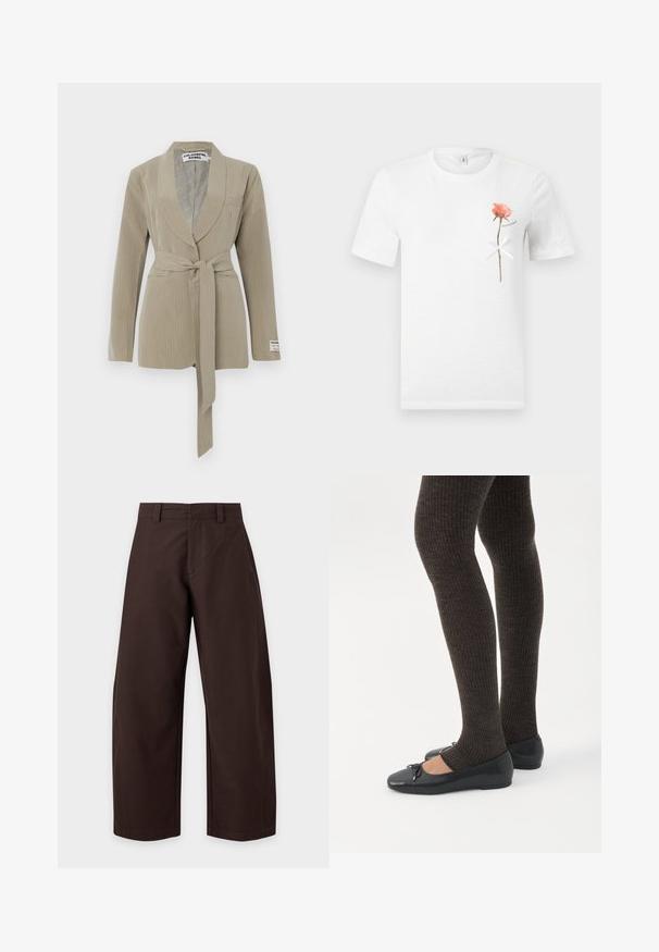 Beige pinstripe bleiser, millel šaalikaelus, üks tasku ja vöö talje ümber. Pehme kangas sileda tekstuuriga.; Valge lühikeste varrukatega t-särk, millel on vasakul rinnal üks roosa roos valge paelaga varre ümber seotud.; Tumepruunid laiade säärtega püksid vööaasa ja esimesete õmbluste detailidega, esitatud lihtsal heledal taustal.; Jalad seljas tumedad soonelises soonelises kombines mustade baleriinadega, millel on väikesed paelade detailid valgel taustal.
