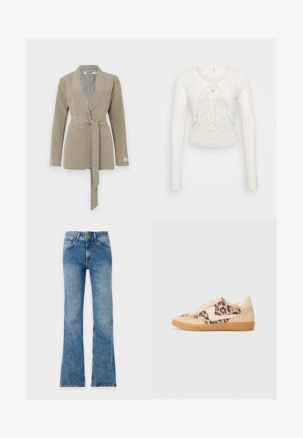 Beige pinstripe blazer med sjalkrave, en enkelt lomme og et bundet bælte i taljen. Blødt stof med en glat tekstur.; Hvid langærmet sweater med rund halsudskæring, tekstureret stof, frontlås med knytning og en scallop-kant med små blomstermønstre.; Blå denim bootcut jeans med forlommer og dobbelt knaplukning, vist fladt på en hvid baggrund.; Leopardprint sneakers med beige ruskindsoverdel, tan gummisål og hvide detaljer. Rund pegefinger og snørebåndsdesign med en tekstureret finish.