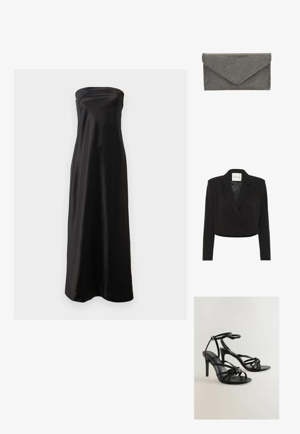 Blazer noir court à double boutonnage avec revers crantés, manches longues, fines rayures subtiles et boutons à l'avant, étiqueté "Mon Garde-Robe Essentiel."; Robe maxi noire sans bretelles en satin, avec un design simple, une texture lisse et une silhouette fluide.; Sandales noires à talons hauts avec des brides tressées, boucle à la cheville et texture lisse. Design à bout ouvert avec un talon aiguille fin.; Pochette en tissu noir avec un motif texturé clouté et fermeture portefeuille, présentant une forme rectangulaire élégante et sans quincaillerie visible.