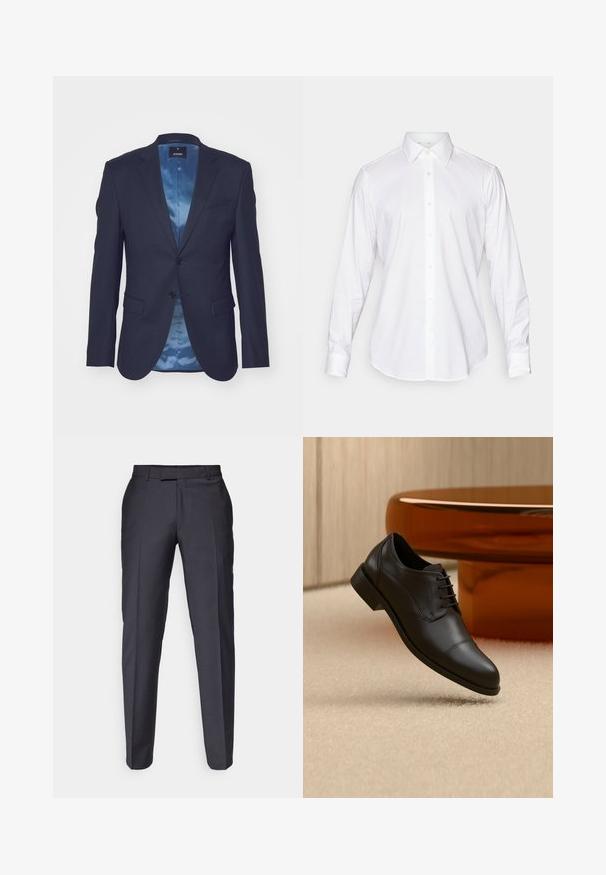 Mørkeblå blazer med tekstureret stof, enkel knaplukning, to forlommer og en kontrasterende lyseblå satinforing.; Hvid langærmet skjorte med knaplukning, klassisk krave, glat stof og frontplacket med lette, rundede knapper.; Mørkegrå skræddersyede bukser med et lige ben-design. Har en glat tekstur og frontfolder. Ingen synlige mærker eller udsmykninger.; Sort formel oxfordskind sko med snørebånd, der svæver over et beige tæppe, med et rundt brunt bord i baggrunden.