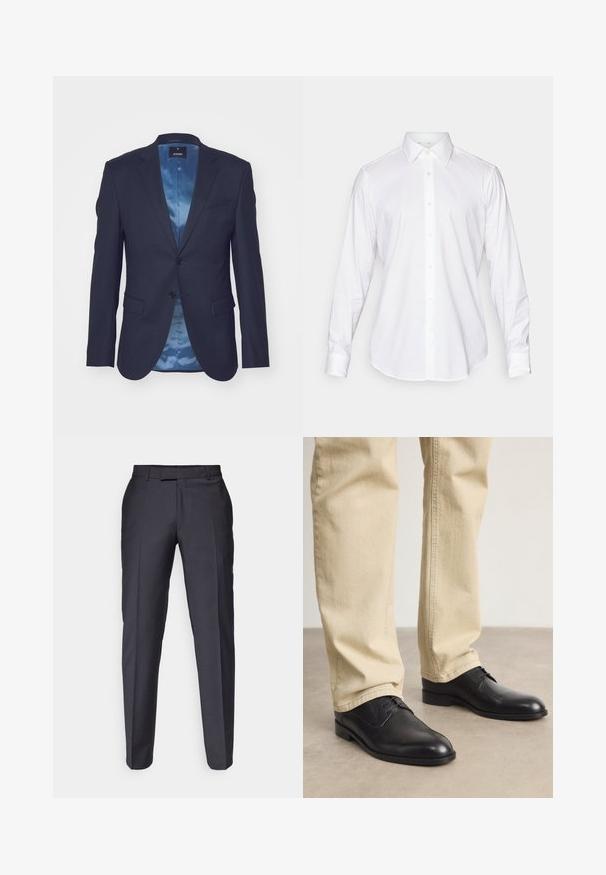 Mørkeblå blazer med tekstureret stof, enkel knaplukning, to forlommer og en kontrasterende lyseblå satinforing.; Hvid langærmet skjorte med knaplukning, klassisk krave, glat stof og frontplacket med lette, rundede knapper.; Mørkegrå skræddersyede bukser med et lige ben-design. Har en glat tekstur og frontfolder. Ingen synlige mærker eller udsmykninger.; Sorte læder snørebåndssko med rund tå, glat finish og diskrete syninger, båret med lyse beige bukser.