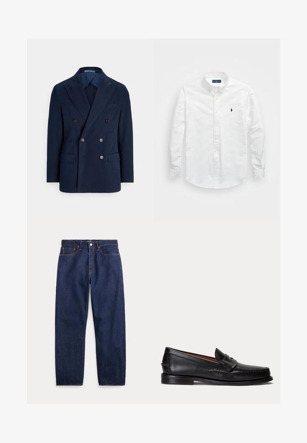 Navy blue double-breasted blazer made of smooth fabric, featuring peaked lapels, two front pockets, and brown buttons for closure.; White button-up shirt made of cotton. Features a pointed collar, long sleeves, and a small navy logo on the chest. Smooth texture.; Dark blue denim jeans with straight legs, five pockets, button closure, and visible stitching.; Black leather loafer with a low heel and penny strap detail, shown from the side on a light gray background.