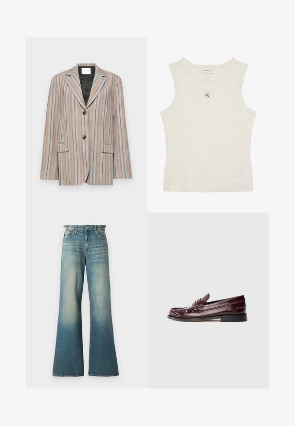 Stribet blazer i beige og blå nuancer, med en spidse revers, to forlommer og to-knaps lukning. Struktureret stof med en glat foring.; Ærmeløs, lysebeige ribstrikket tanktop med Calvin Klein Jeans-mærke inde i kraven og lille CK-logo på en lap centreret under halsudskæringen.; Good American GOOD EASE ADJUSTABLE TABS - Wide leg - indigo; Burgunderfarvet læder penny loafer med sort sål og guldfarvet metal detalje på vamp, vist i sidevisning på hvid baggrund.