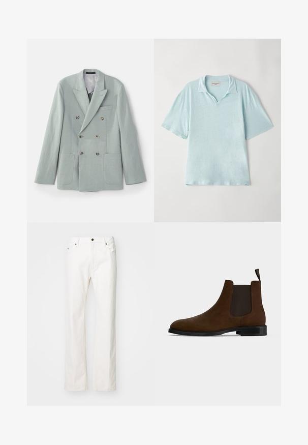Veste croisée en tissu vert menthe clair avec des revers notched, deux poches avant et des boutons marron. Texture lisse.; Polo shirt bleu clair à manches courtes avec col et coupe décontractée. Tissu doux et texturé avec un motif chiné subtil.; Jean en denim blanc avec une coupe droite, dotés de cinq poches, fermeture par bouton métallique et détails de couture minimalistes.; Bottine Chelsea en daim marron avec panneaux latéraux élastiques noirs, semelle en caoutchouc noire et languette à l'arrière sur fond blanc uni.
