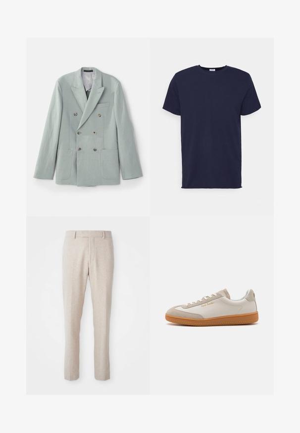 Veste croisée en tissu vert menthe clair avec des revers notched, deux poches avant et des boutons marron. Texture lisse.; T-shirt bleu marine à manches courtes fabriqué en tissu doux. Présente un col rond et une coupe droite sans motifs ni accents.; Pantalons tissés beiges à coupe droite, avec une taille plate, des passants de ceinture et sans motifs ni détails matériels visibles.; Baskets basses blanches et beiges avec semelle en caoutchouc, lacets blancs, détails en daim et logo doré "Paul Smith" sur le côté.