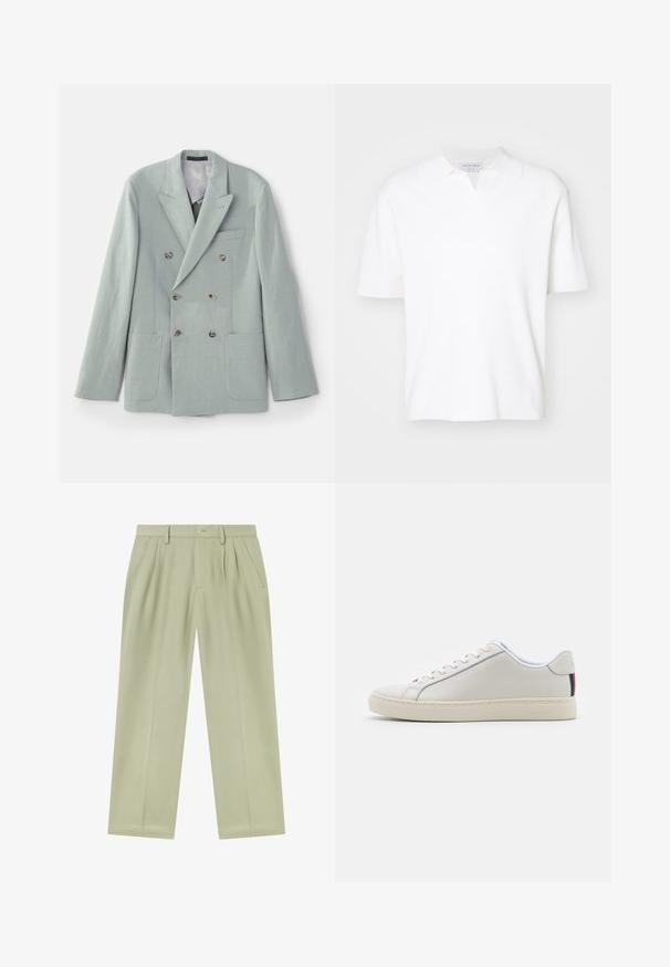 Dubbelzijdige jas van licht mintgroene stof met gesneden revers, twee voordo pockets en bruine knopen. Glad textuur.; Witte poloschirt met korte mouwen, een kraag en een subtiele v-split. Gemaakt van zachte stof met een gladde textuur.; Lichtbeige rechte broek met riemlussen, voorplooien, zijzakken en een knoopsluiting aan de tailleband.; Witte leren sneaker met een gladde textuur, ronde neus, platte zool en tonale veters. Kenmerkt zich door een kleurrijke gestreepte accent op de hiel.
