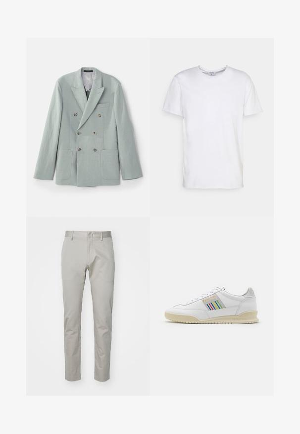 Veste croisée en tissu vert menthe clair avec des revers notched, deux poches avant et des boutons marron. Texture lisse.; T-shirt blanc à manches courtes en coton. Il présente un col rond et une coupe décontractée sans motifs ni accents visibles.; Pantalon en coton gris clair avec une coupe droite, devant plat et sans poches visibles ni ornements. Texture lisse, finition unie.; Basket en cuir blanc avec une semelle crème, des accents de rayures multicolores sur le côté et un logo "PS Paul Smith" en doré.