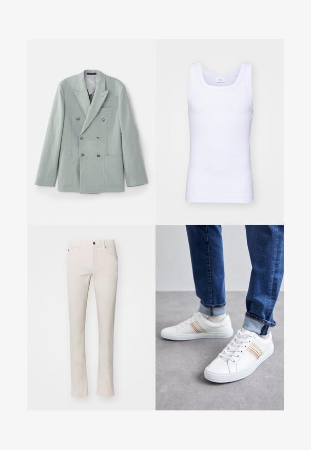 Veste croisée en tissu vert menthe clair avec des revers notched, deux poches avant et des boutons marron. Texture lisse.; Débardeur sans manches en coton blanc avec un col rond, présentant une texture lisse et une coupe ajustée, conçu pour un usage décontracté.; Jean droit beige en mélange de coton. Présente un design traditionnel à cinq poches et une fermeture à bouton métallique à la taille.; Baskets en cuir blanc avec des rayures multicolores, design à lacets, semelle en caoutchouc et col rembourré, associées à un jean en denim bleu.